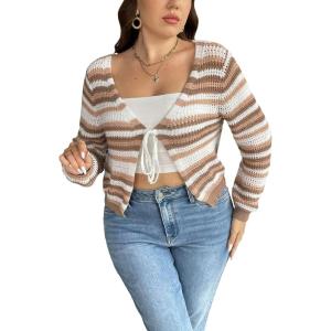 imageFloerns Womens Plus Size Striped Tie Front Long Sleeve V Neck Cardigan SweaterBrown and White