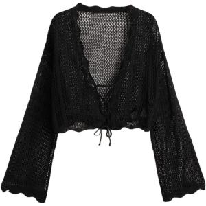 imageFloerns Womens Plus Size Tie Front Long Sleeve Crochet Cardigan Crop TopBlack