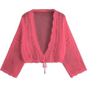 imageFloerns Womens Plus Size Tie Front Long Sleeve Crochet Cardigan Crop TopWatermelon Pink