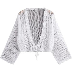 imageFloerns Womens Plus Size Tie Front Long Sleeve Crochet Cardigan Crop TopWhite Cream