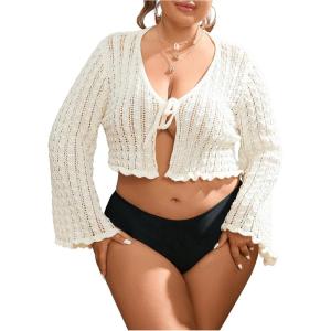 imageFloerns Womens Plus Size V Neck Long Flounce Sleeve Tie Front Knit Crop CardiganApricot
