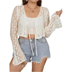 imageFloerns Womens Plus Size V Neck Long Flounce Sleeve Tie Front Knit Crop CardiganApricot Solid