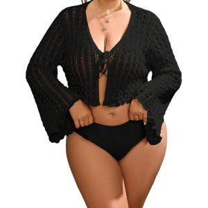 imageFloerns Womens Plus Size V Neck Long Flounce Sleeve Tie Front Knit Crop CardiganBlack