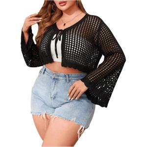 imageFloerns Womens Plus Size V Neck Long Flounce Sleeve Tie Front Knit Crop CardiganBlack Solid
