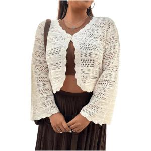 imageFloerns Womens Plus Size V Neck Long Flounce Sleeve Tie Front Knit Crop CardiganWhite