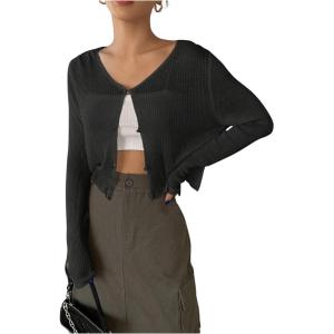 imageFloerns Womens Ribbed Knit Long Sleeve Button Front V Neck Cardigan Crop TopBlack