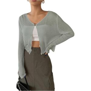 imageFloerns Womens Ribbed Knit Long Sleeve Button Front V Neck Cardigan Crop TopLight Grey