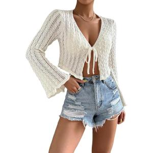 imageFloerns Womens Scallop Trim Trumpet Long Sleeve Tie Front Cardigan Crop TopApricot