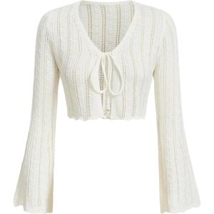 imageFloerns Womens Scallop Trim Trumpet Long Sleeve Tie Front Cardigan Crop TopBeige