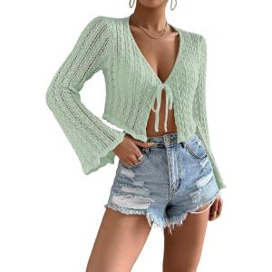 imageFloerns Womens Scallop Trim Trumpet Long Sleeve Tie Front Cardigan Crop TopCadet Blue