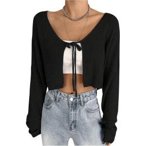 imageFloerns Womens Solid Self Tie Front Long Sleeve Drop Shoulder Cardigan Crop TopBlack