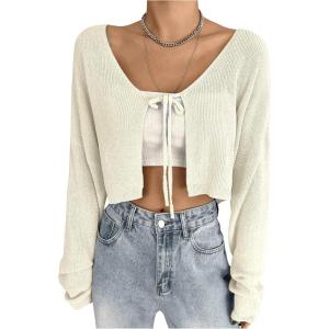 imageFloerns Womens Solid Self Tie Front Long Sleeve Drop Shoulder Cardigan Crop TopWhite