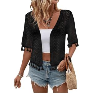 imageFloerns Womens Tassel Trim Half Sleeve Open Front Knitted Cardigan SweaterBlack