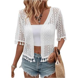 imageFloerns Womens Tassel Trim Half Sleeve Open Front Knitted Cardigan SweaterWhite