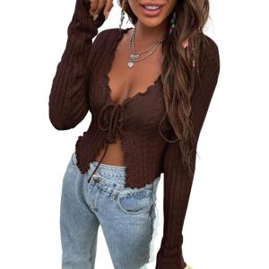 imageFloerns Womens Tie Front Lettuce Trim V Neck Long Sleeve Cardigan Crop TopA Brown