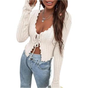 imageFloerns Womens Tie Front Lettuce Trim V Neck Long Sleeve Cardigan Crop TopBeige