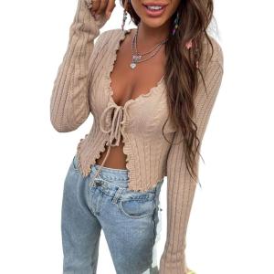 imageFloerns Womens Tie Front Lettuce Trim V Neck Long Sleeve Cardigan Crop TopKhaki