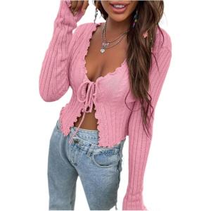 imageFloerns Womens Tie Front Lettuce Trim V Neck Long Sleeve Cardigan Crop TopLight Pink