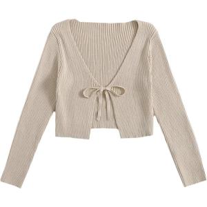 imageFloerns Womens Tie Front Long Sleeve Rib Knit Shrug Sweaters Cardigan Crop TopA Khaki