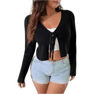 imageFloerns Womens Tie Front Long Sleeve Rib Knit Shrug Sweaters Cardigan Crop TopBlack