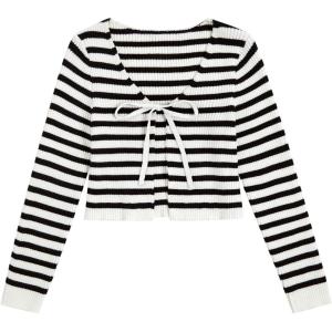 imageFloerns Womens Tie Front Long Sleeve Rib Knit Shrug Sweaters Cardigan Crop TopBlack and White