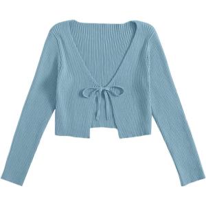 imageFloerns Womens Tie Front Long Sleeve Rib Knit Shrug Sweaters Cardigan Crop TopBlue
