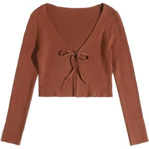 imageFloerns Womens Tie Front Long Sleeve Rib Knit Shrug Sweaters Cardigan Crop TopCoffee Brown