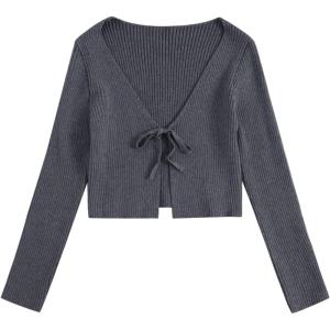 imageFloerns Womens Tie Front Long Sleeve Rib Knit Shrug Sweaters Cardigan Crop TopDark Grey