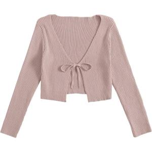 imageFloerns Womens Tie Front Long Sleeve Rib Knit Shrug Sweaters Cardigan Crop TopDusty Pink