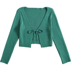 imageFloerns Womens Tie Front Long Sleeve Rib Knit Shrug Sweaters Cardigan Crop TopGreen Solid