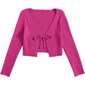 imageFloerns Womens Tie Front Long Sleeve Rib Knit Shrug Sweaters Cardigan Crop TopHot Pink
