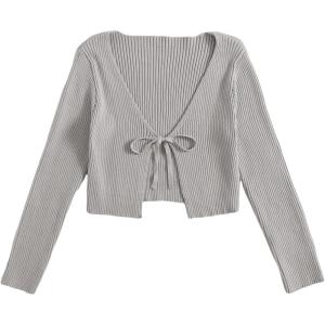 imageFloerns Womens Tie Front Long Sleeve Rib Knit Shrug Sweaters Cardigan Crop TopLight Grey