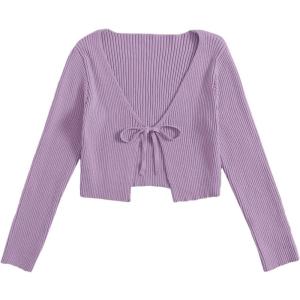 imageFloerns Womens Tie Front Long Sleeve Rib Knit Shrug Sweaters Cardigan Crop TopLilac Purple