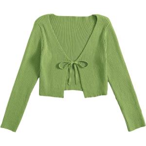 imageFloerns Womens Tie Front Long Sleeve Rib Knit Shrug Sweaters Cardigan Crop TopLime Green