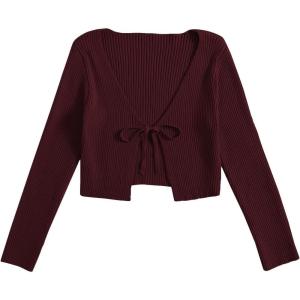 imageFloerns Womens Tie Front Long Sleeve Rib Knit Shrug Sweaters Cardigan Crop TopMaroon