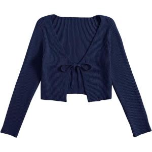 imageFloerns Womens Tie Front Long Sleeve Rib Knit Shrug Sweaters Cardigan Crop TopNavy Blue