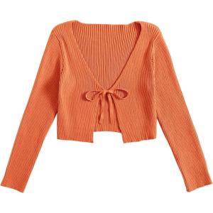 imageFloerns Womens Tie Front Long Sleeve Rib Knit Shrug Sweaters Cardigan Crop TopOrange