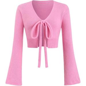 imageFloerns Womens Tie Front Long Sleeve Rib Knit Shrug Sweaters Cardigan Crop TopPink Solid