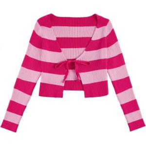 imageFloerns Womens Tie Front Long Sleeve Rib Knit Shrug Sweaters Cardigan Crop TopPink and Rose