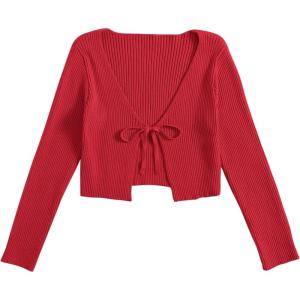 imageFloerns Womens Tie Front Long Sleeve Rib Knit Shrug Sweaters Cardigan Crop TopRed