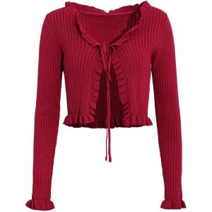 imageFloerns Womens Tie Front Long Sleeve Rib Knit Shrug Sweaters Cardigan Crop TopRed Solid