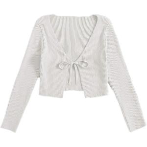 imageFloerns Womens Tie Front Long Sleeve Rib Knit Shrug Sweaters Cardigan Crop TopWhite