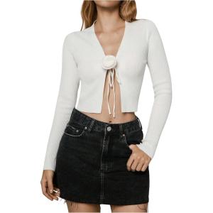 imageFloerns Womens Tie Front Long Sleeve Rib Knit Shrug Sweaters Cardigan Crop TopWhite Ivory