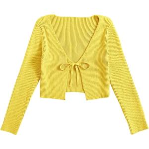imageFloerns Womens Tie Front Long Sleeve Rib Knit Shrug Sweaters Cardigan Crop TopYellow