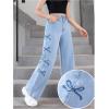 imageFloerns Girls Y2k Bowknot Print Elastic Waist Jeans Wide Leg Cute Denim PantsMedium Wash