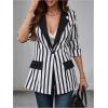 imageFloerns Womens Casual Long Sleeve Graphic Colorful Blazer Work Suit JacketsBlack Striped
