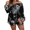 imageFloerns Womens Plus Size 2 Piece Boho Floral Off Shoulder Frill Trim Drawstring Front Top ampamp ShortsBlack