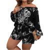 imageFloerns Womens Plus Size 2 Piece Boho Floral Off Shoulder Frill Trim Drawstring Front Top ampamp ShortsBlack