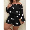 imageFloerns Womens Plus Size 2 Piece Boho Floral Off Shoulder Frill Trim Drawstring Front Top ampamp ShortsBlack Dots
