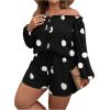 imageFloerns Womens Plus Size 2 Piece Boho Floral Off Shoulder Frill Trim Drawstring Front Top ampamp ShortsBlack Dots